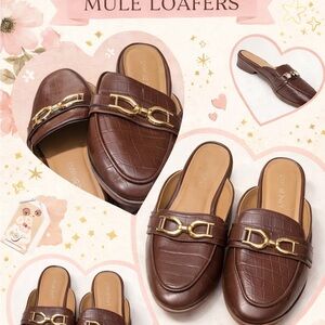Lane Bryant Chocolate Brown Croc-Embossed Mule Loafers with Gold Chain